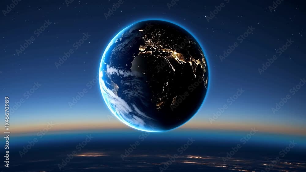 planeta Tierra orbitando en el espacio durante la noche. La cámara se mueve suavemente alrededor del globo terráqueo mostrando la curvatura del planeta iluminada por millones de luces de ciudades