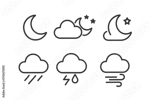 Weather forecast line icon set. Night, moon, stars, cloudy, rain, storm, wind symbol collection. Meteorology pictogram for web, app, UI design. Vector outline graphic element.