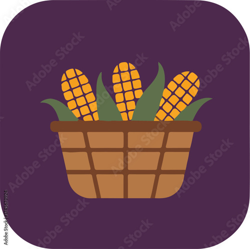 Woven brown basket with three ears of corn on deep purple background