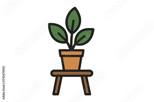 Houseplant vector icon on table. Potted plant with green leaves isolated on white background. Home decor, interior, gardening, nature concept. Minimal flat style illustration.