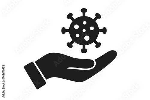 Hand holding virus icon. Vector illustration for disease and infection. Concept of pandemic, epidemic, spreading germs, bacteria. Healthcare, medical research, coronavirus.