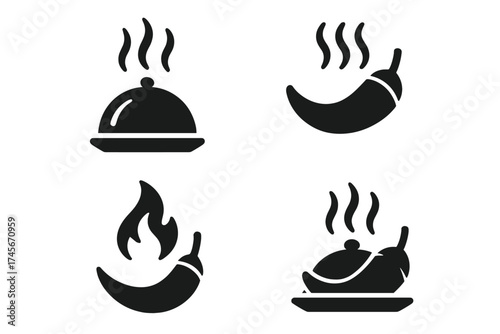 Spicy hot food icon set with chili pepper, flame, and steam. Vector silhouette symbols for restaurant menu, heat level, and cooking. Gourmet cloche dish signs collection.