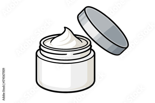 White cosmetic cream jar with open lid. Face cream, body lotion or moisturizer container. Skincare beauty product package mockup. Vector illustration isolated on transparent background.