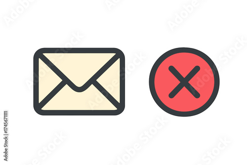 Mail and close icons with filled line style. Email envelope and red cancel button. Web, app UI design vector illustration, isolated on white background. EPS 10 format.