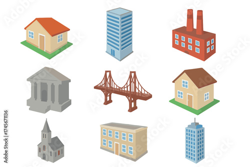 Isometric building icons set. Architecture flat vector collection for design. House, office, factory, bank, church, apartment, bridge. Cityscape construction elements.