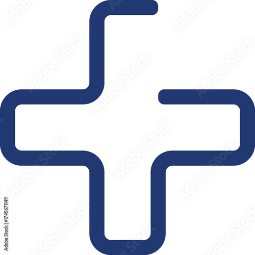 Blue outline of a plus sign with rounded corners, isolated on white background