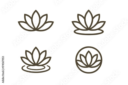 Lotus flower logo icon set for yoga, spa, and wellness. Minimal line art design. Vector symbols for beauty salon, meditation, harmony, and natural cosmetics. Water lily.