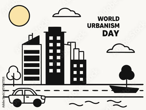 World Urbanism Day Illustration Featuring Cityscape Transportation and Nature Elements in a Minimalist Style minimalist