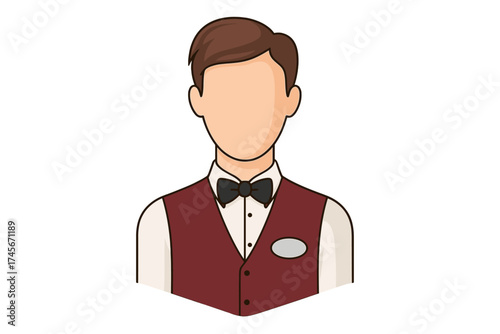 Waiter avatar icon. Restaurant staff character. Hotel service employee symbol. Man in uniform with vest and bow tie. Faceless person bust for user profile. Hospitality job.