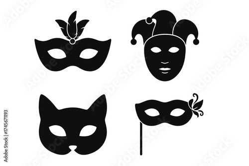 Carnival mask black icon set. Masquerade party vector collection. Venetian, jester, cat, and feathered face masks silhouette. Graphic symbols for theatre or festival design.