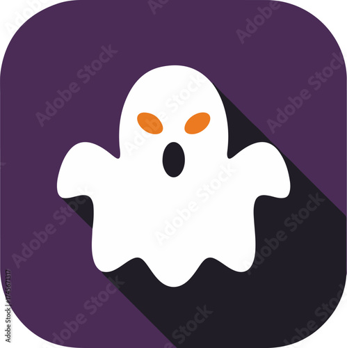 Cartoon ghost with orange eyes on dark purple background