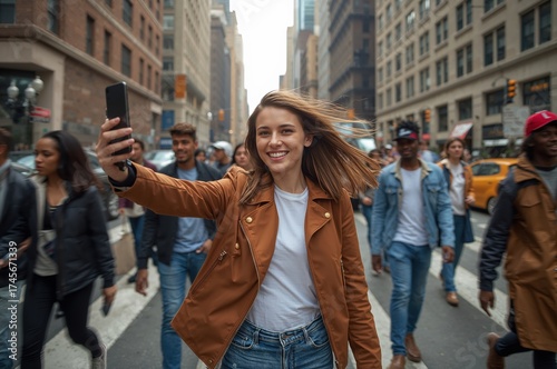 Vibrant Urban Vlogger Recording Dynamic Street Monologue Among Skyscrapers and Diverse City Life