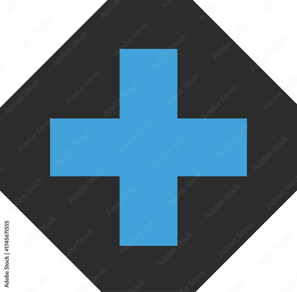 Obraz premium Blue plus sign inside a black diamond shape, isolated on white background