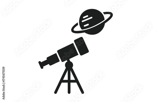 Telescope icon looking at a planet with rings like Saturn. Concept of astronomy, science, discovery, research, and exploration of space, the universe, and the galaxy. Vector.