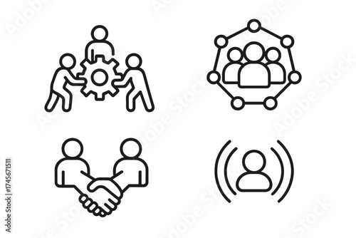 Concept teamwork web icons in line style. Team work, people support, business collaboration. Digital network, social media connection. Handshake for partnership. Vector icons set for corporate.