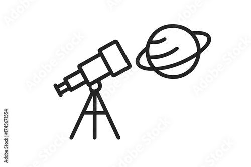 Telescope observing a planet with rings line icon. Concept of astronomy, science, space exploration, discovery, and research. Symbol for astrophysics and stargazing vector.