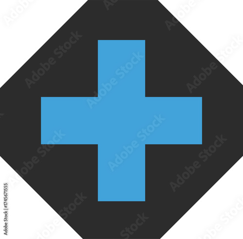 Blue plus sign inside a black diamond shape, isolated on white background
