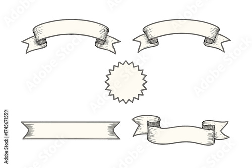Vintage ribbon banner set. Hand drawn sketch collection. Retro scroll and starburst seal. Engraved decorative label for award or certificate. Blank graphic design element.
