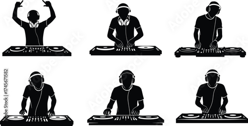 DJ silhouettes performing music mixing, scratching turntables, wearing headphones, nightclub party entertainment, electronic dance culture, urban nightlife, sound performance illustration