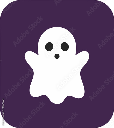 Minimalist ghost illustration with white ghost on deep purple background