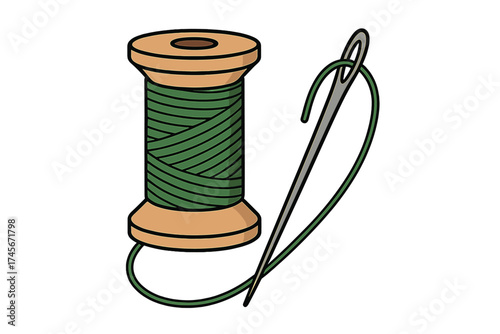 Sewing needle with green thread and wooden spool. Tailoring and dressmaking tools icon. Symbol for craft, hobby, handmade projects, needlework, mending and repair work.