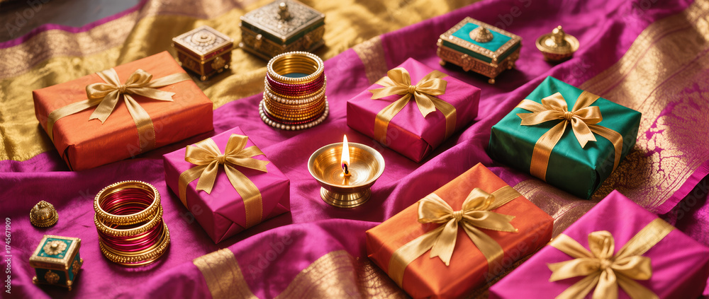 Fototapeta premium Happy Diwali Flatlay Advertisement Silk Sari Fabric Wrapped Gifts Golden Ribbons Bangles Decorative Boxes Traditional Diya Bright Vibrant Lighting Celebration Textures Colors