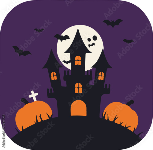 Halloween illustration with haunted house, pumpkins, and bats on dark purple background