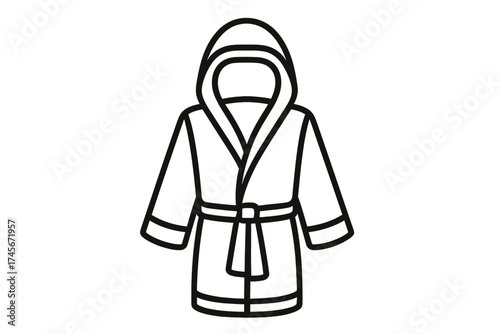 Bathrobe line icon. Hooded robe with belt for spa, hotel or home use. Outline vector symbol of comfort, relaxation and wellness. Dressing gown for morning or bathroom hygiene.