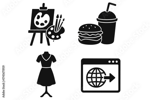 Set of black solid vector icons: artist palette with brushes, fast food burger and drink, dress on mannequin, and global web browser. Art, food, fashion, and web concept.