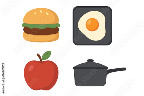 Food icon set vector illustration. Burger, fried egg, apple, and cooking pot. Healthy and unhealthy meal choice concept. Fast food vs natural fruit. Kitchen and cookware symbol.
