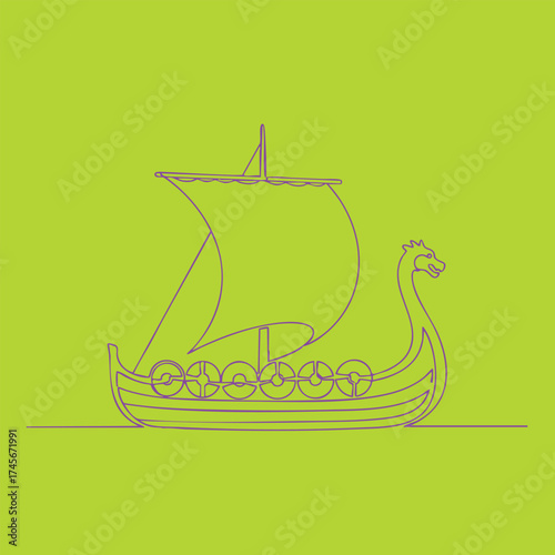 Minimalist line drawing of a Viking longship with a dragon head prow and sail on a vibrant green