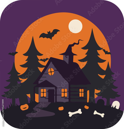 Halloween-themed house with witch's hat, jack-o'-lanterns, and bats under a full moon