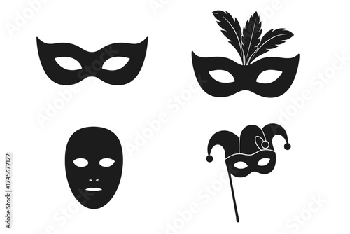 Carnival mask vector icon set. Black silhouette collection for design. Venetian, masquerade, theatre, and jester masks. Mardi Gras party symbol. Anonymous face illustration.