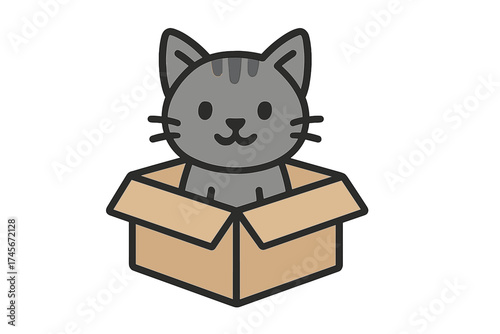 Cute gray tabby cat in a box. Adorable kitten character playing and hiding in a carton. Pet adoption, animal shelter concept. Funny domestic animal. Simple flat vector logo icon.