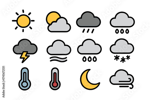 Weather icon collection with filled line style. For meteorology forecast app, web, UI design. Vector set includes sun, cloud, rain, snow, storm, wind, moon, thermometer.