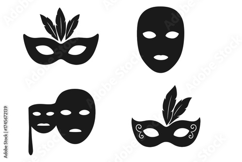 Carnival mask black icons set. Masquerade vector collection. Venetian party. Theatre symbol, comedy and tragedy. Anonymous face illustration. Secret, mystery, incognito concept.
