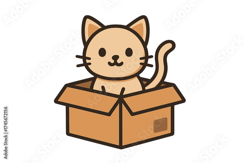 Cute cat in a cardboard box. Funny kitten playing and hiding in a carton package. Pet adoption or moving day concept. Kawaii animal character vector icon illustration.