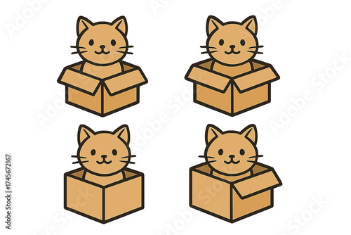 Cute cat in a cardboard box vector icon set. Adorable brown kitten sitting inside a package. Pet adoption, animal shelter, curiosity, and comfort concepts for web and mobile.
