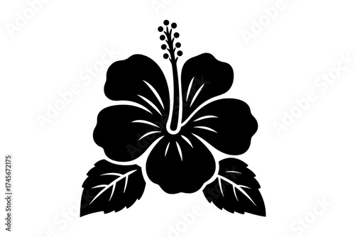 Hibiscus flower silhouette vector icon. Tropical Hawaiian floral element for summer design. Exotic bloom graphic. Black and white botanical illustration for nature or spa concepts.