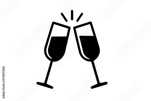 Vector icon of two champagne glasses toasting. Cheers concept for celebration, party, wedding, or New Year's Eve. Simple flat illustration for web and mobile design element.