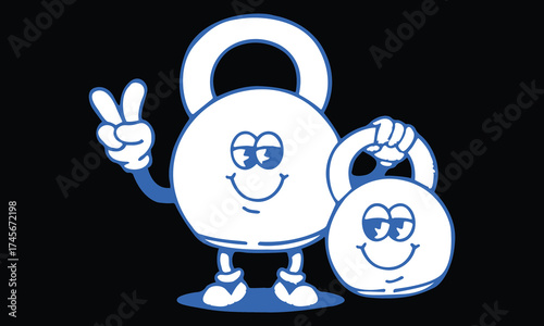 Kettlebell Cartoon Character with Peace Sign and Small Kettlebell