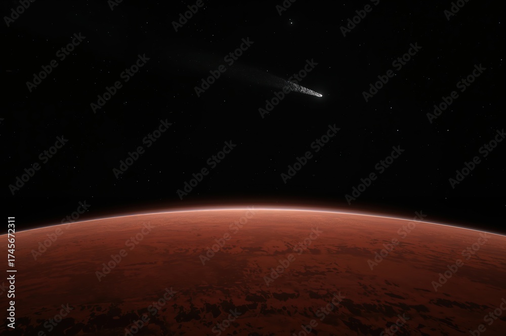 Fototapeta premium Panoramic Orbital View of Mars Horizon Beneath the Faint Glow of Comet