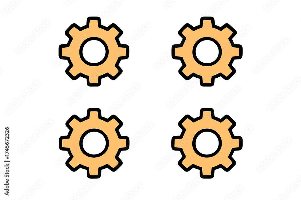 Obraz premium Set of four orange gear icons symbolizing settings, configuration, and mechanical adjustment, trendy filled line style vector for web, app, UI design isolated on white background