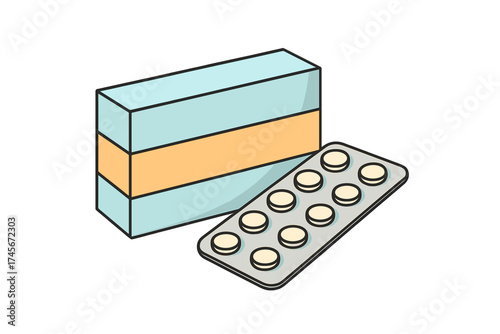 Medicine pills blister pack with box. Pharmaceutical drug packaging concept. Health care treatment symbol. Medication, tablets, vitamins, dose. Pharmacy prescription icon vector.