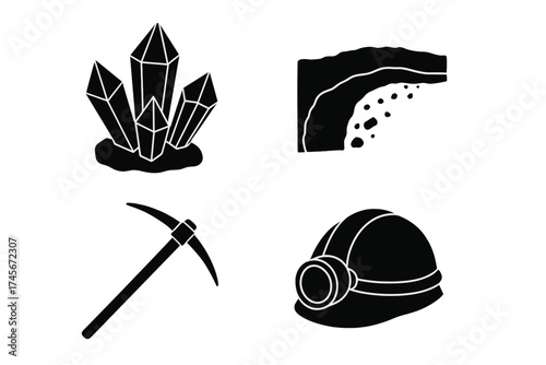 Mining icon set. Crystal, coal seam, pickaxe, helmet with lantern. Mine collection symbols in black style. Vector stock illustration. Geology, quarry, industry equipment.