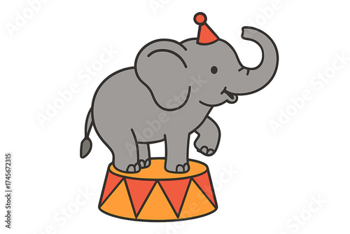 Circus elephant performing on a podium. Cute cartoon animal character with a party hat. Vector illustration for kids, entertainment, shows. Fun mammal icon isolated design.