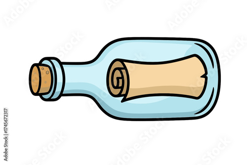 Cartoon message in a bottle icon. Old pirate letter or ancient treasure map scroll in glass container. Metaphor for sos, hope, being stranded. Isolated vector illustration.