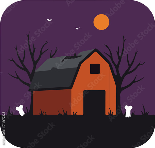 Halloween scene with orange barn, leafless trees, ghostly figures, and full moon