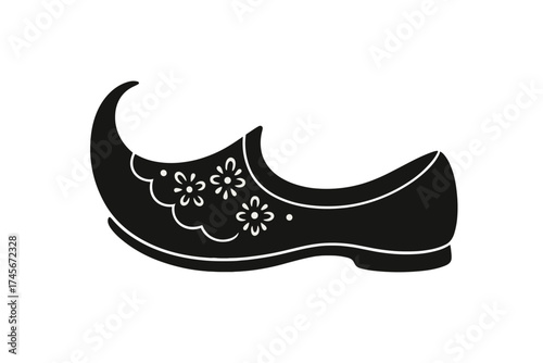 Traditional oriental shoe black silhouette icon. Aladdin footwear vector. Turkish, Arabic or Indian jutti, mojari slipper. Ethnic fashion concept for travel or culture.