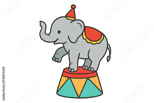 Cute circus elephant balancing on a pedestal. Cartoon baby elephant with party hat performing a trick. Vector icon for kids entertainment, funfair, carnival, or show concept.